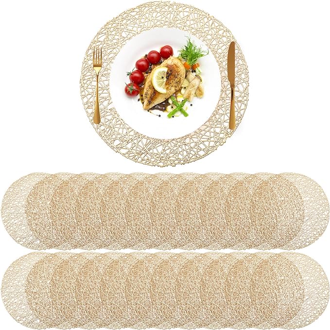 Sieral 48 Packs Gold Round Placemats 15 Inch Hollow Out Pressed Vinyl Place Mats Heat Resistant Woven Gold Placemats for Christmas Dinner Table Winter Holiday Party Wedding Centerpiece Decoration