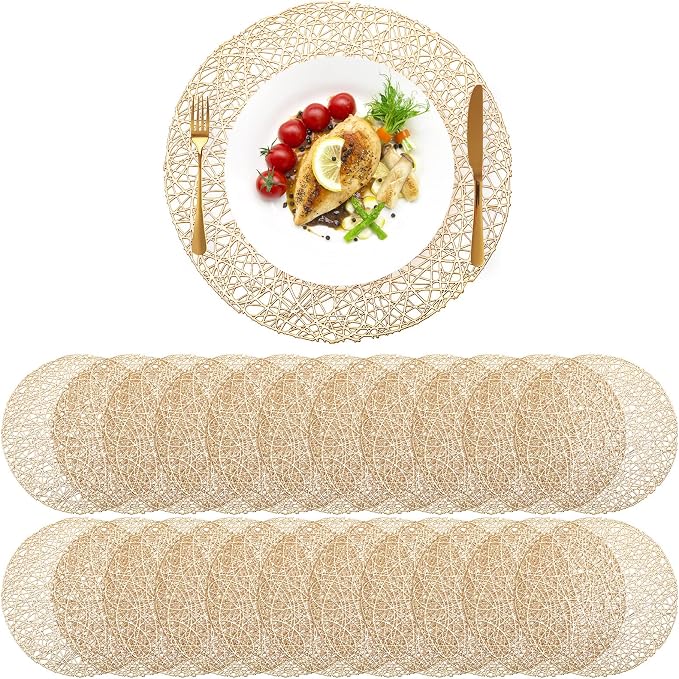 Sieral 24 Packs Gold Round Placemats 15 Inch Hollow Out Pressed Vinyl Place Mats Heat Resistant Woven Gold Placemats for Christmas Dinner Table Winter Holiday Party Wedding Centerpiece Decoration