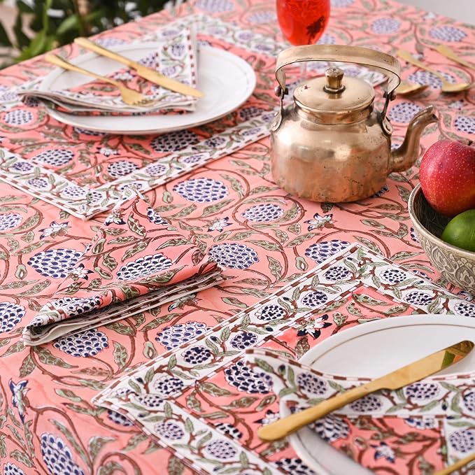 Hand Block Printed Tablecloth, Colorful Floral Print, Indian Artisan Handmade Art, Dining Room, Kitchen, Outdoor Décor, (Dark Salmon Pink, 14 Seater 72 x 160 Inches Rectangle)