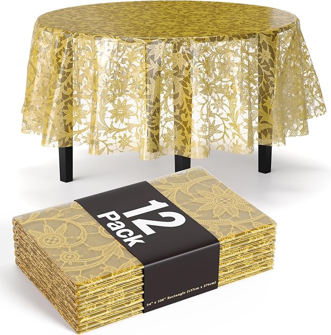 Exquisite Lace Table Cloth Round Table Plastic 12-Pack Lace Tablecloth 84 | Clear & Gold Floral Tablecloth Disposable | Wild Flower Party Decorations & Party Supplies