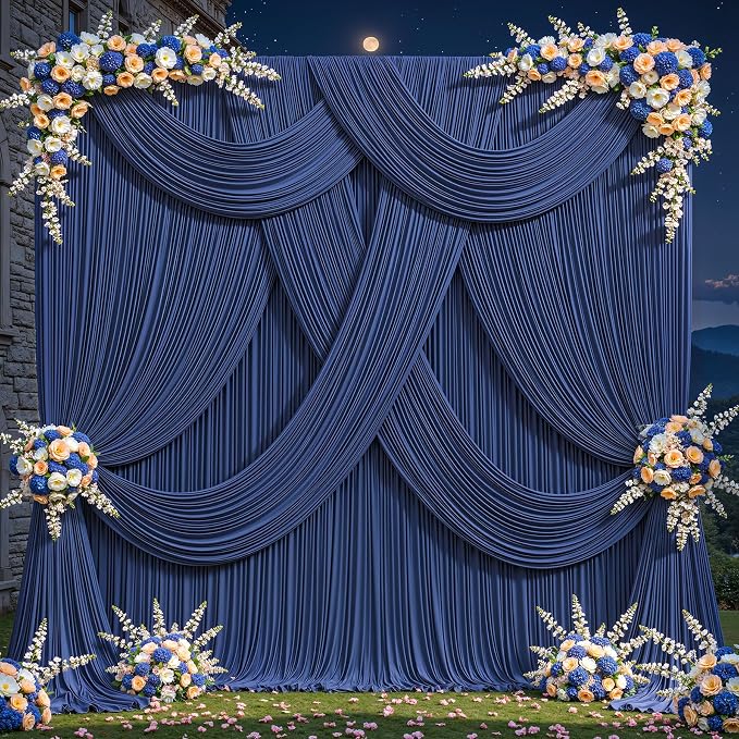 50ftx12ft Wrinkle Free Navy Blue Backdrop Curtain, 10 Panels 12FT Long Wedding Photo Backdrop Drapes, Silky Polyester Back Drop Cloth for Birthday Photography Background Party Backdrop Draping