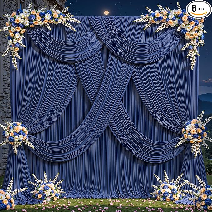30ftx12ft Wrinkle Free Navy Blue Backdrop Curtain, 6 Panels 12FT Long Wedding Photo Backdrop Drapes, Silky Polyester Back Drop Cloth for Birthday Photography Background Party Backdrop Draping