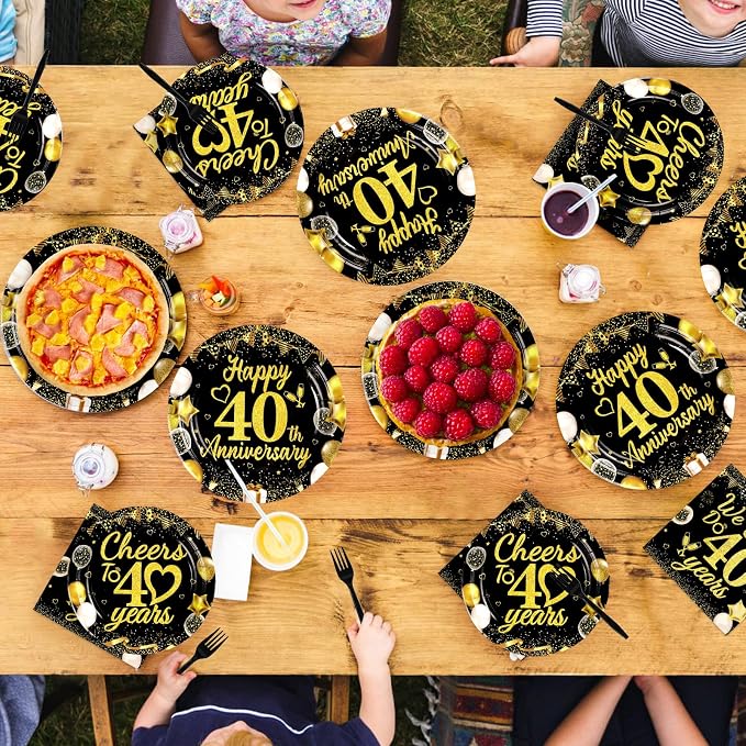 96Pcs 40th Wedding Anniversary Party Supplies Happy 40 Years Anniversary Plates and Napkins Black Gold Wedding Tableware Set for Cheers to 40 Years Party Supplies Serves 24