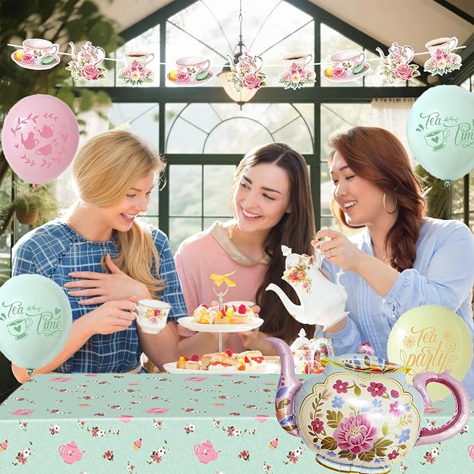 Tea Party Decorations For Women,Pastel Balloons,Tea Party Backdrop,Banner,Teapot Mylar Foil Balloon,Table Cloth,Paper pom poms Party Supplies for Girls