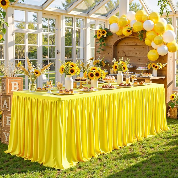 PARTISKY 2 Pack Yellow Tablecloths for Rectangle Tables 8ft, Wrinkle Resistant Spandex Table Cover Fitted Stretch Table Cloth with Pleated Ruffle Skirts for Party Banquet Dining Birthday Wedding