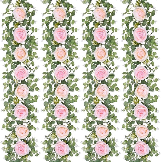 Dolicer 4Pcs 26 Ft Artificial Eucalyptus Garlands with Flowers - 8 Roses, Faux Floral Greenery Garlands Fake Flowers Vines for Wedding Table Centerpieces Arch Party Ceremony Backdrop Decor (Pink)