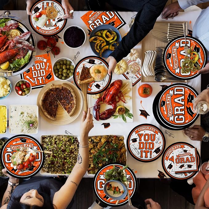 Graduation Party Supplies Dinnerware Set orange Disposable dinner paper plates dessert paper plates and Napkins for Congrats Grad Party Decorations, Serve 50