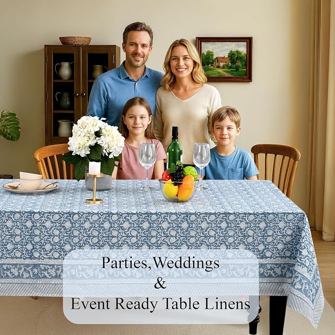 CPC Azure Regal Tablecloth 100% Cotton 72x160 Inch Indian Block Print Rectangle Table Cover, Table Cloth for Gifting in Weddings, Halloween, Fall, Christmas, Thanksgiving