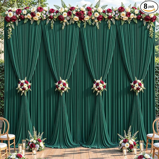 8 Panels Hunter Green Backdrop Curtains - Wrinkle Free Fabric Backdrop for Photoshoot, 10FT Wedding Party Photo Backdrop Drapes for Birthday Baby Shower Photography Stage Background Decorations