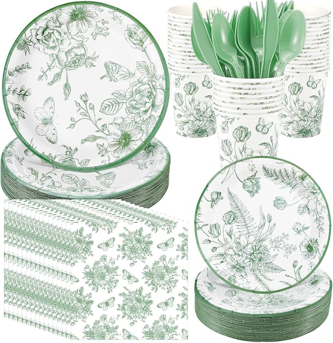 Funnymoom 400 Pcs Sage Green Floral Party Supplies for 50 Guests White Green Flower Disposable Plates Napkins Cups Spoons Forks Knives for Wedding Tea Party Bridal Baby Shower