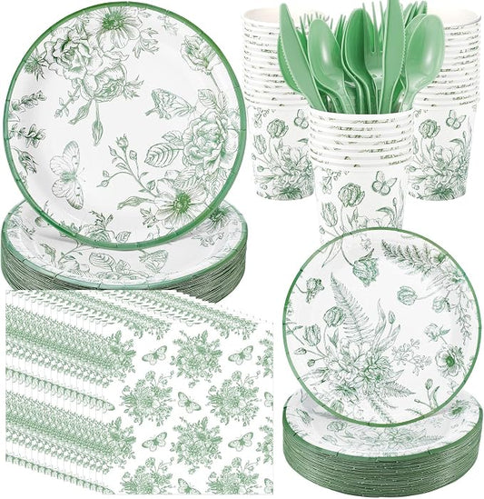 Funnymoom 400 Pcs Sage Green Floral Party Supplies for 50 Guests White Green Flower Disposable Plates Napkins Cups Spoons Forks Knives for Wedding Tea Party Bridal Baby Shower