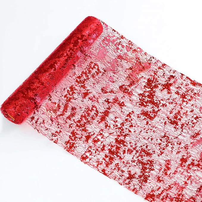 Snowkingdom Red Sparkly Table Runner Glitter Sequin Glitter Metallic Foil Mesh Lace 11 Inch x 49 Feet Long Roll Centerpieces Decorations for Wedding Anniversary Mother's Day Valentine Party Birthday