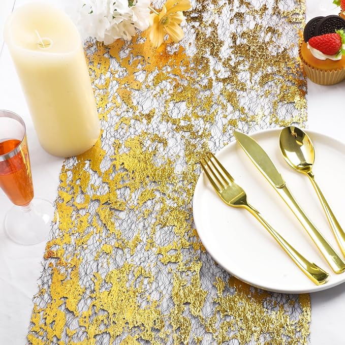 Aneco 12 Pieces Metallic Glitter Table Runner 84 x 11 Inches Black and Gold Glitter Mesh Table Runners Sparkle Rectangle Runner Roll Decorations for Wedding Baby Shower Birthday, DIY Home Decor