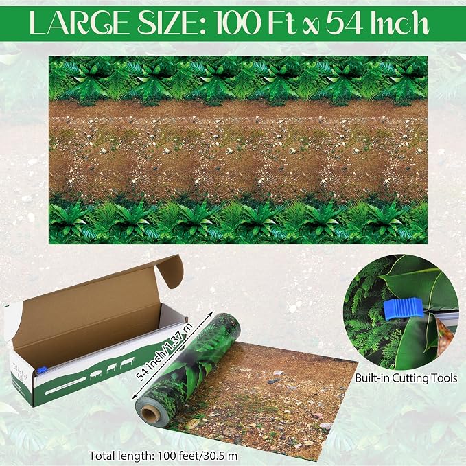 Kochorie 100 Ft x 54 Inch Forest Path Plastic Tablecloth Roll Safari Dinosaur Jungle Table Cover with Cutter Box for Birthday Baby Shower Party Supplies