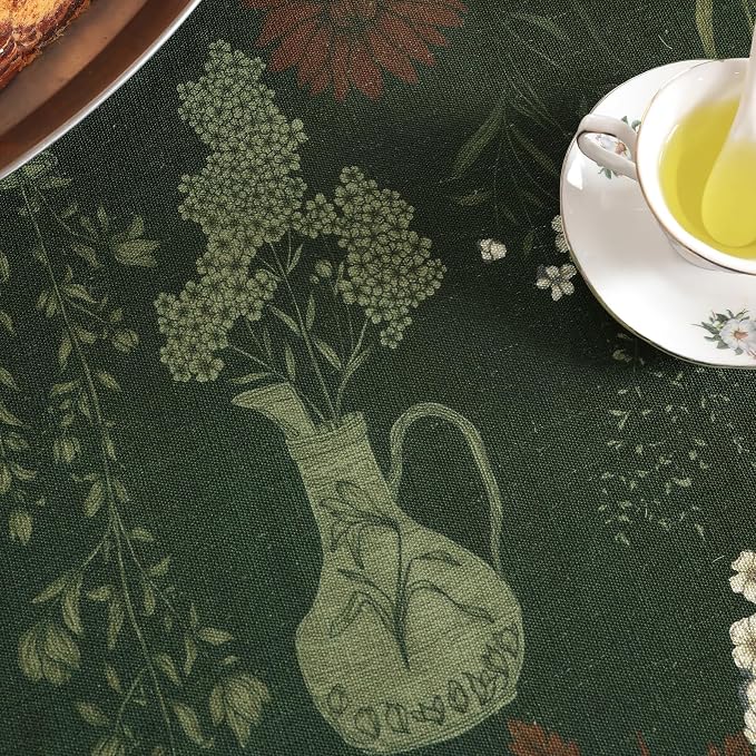 ISAENNE Designer Linen Green Square Small Tablecloth,55"x55"-Nocturne | Vintage Elegant Table Cloth for Square Table,Floral Pattern,Decoration,Heavyweight,Dining,Kitchen,Tea Party,Thanksgiving