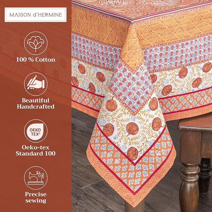 Maison d' Hermine Table Cloth Rectangle Table 100% Cotton 60 x 120 Inches Fall Tablecloth Reusable Everyday Use for Thanksgiving Christmas Decorations Dining Farmhouse Party (Harvest Festival)
