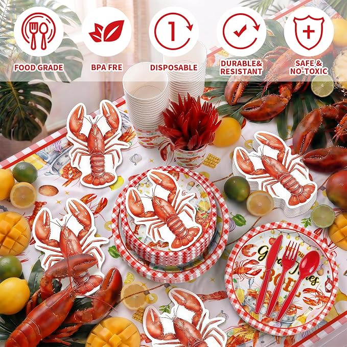 170PCS Crawfish Boil Party Decorations Crayfish Crab Seafood Shrimp Theme Party Supplies Watercolor Lobster Plates Cups Napkins Tableware for Summer BBQ Picnic 24 Guests