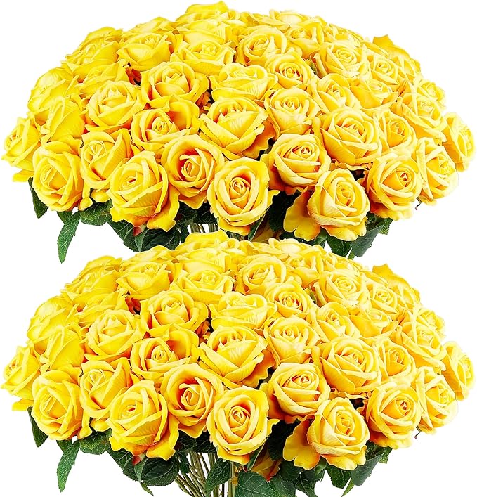 Auihiay 60PCS Yellow Roses Bulk, Yellow Velvet Silk Fake Roses, Realistic Flowers for Wedding Centerpieces, Bridal Bouquets, Home Decor, Baby Shower,Spring Easter Party Decorations