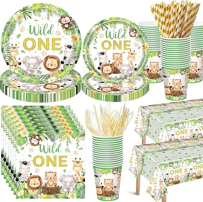 Funnymoom 452 Pcs Wild One Birthday Party Decorations for 50, Safari Jungle Wild One Paper Plates Napkins Cups Tablecloth Cutlery Straws for Boys Kids Woodland Themed First Birthday Party Supplies