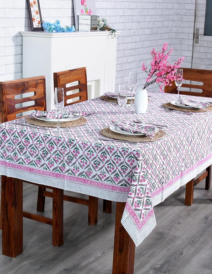 Ridhi Pink and White Hand Block Print Cotton Rectangle Tablecloth 102" x 48" inches Reusable Table Cover Decorative Everyday Use for Dining Room, Farmhouse, Home Gift for Spring, Mother's Day