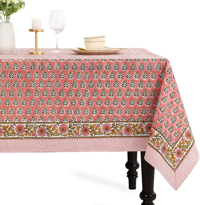 CPC Tablecloth 100% Cotton 70x118 Inch Indian Block Print Rectangle Table Cover, Washable Table Cloth for Weddings, Spring/Summer, Barbeque - Poppy Pink