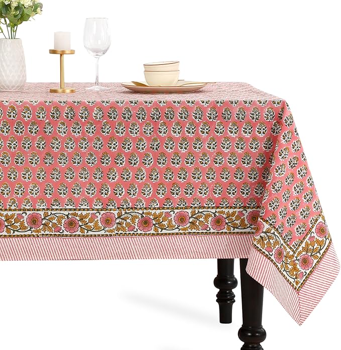 CPC Tablecloth 100% Cotton 72x140 Inch Indian Block Print Rectangle Table Cover, Washable Table Cloth for Weddings, Spring/Summer, Barbeque - Poppy Pink