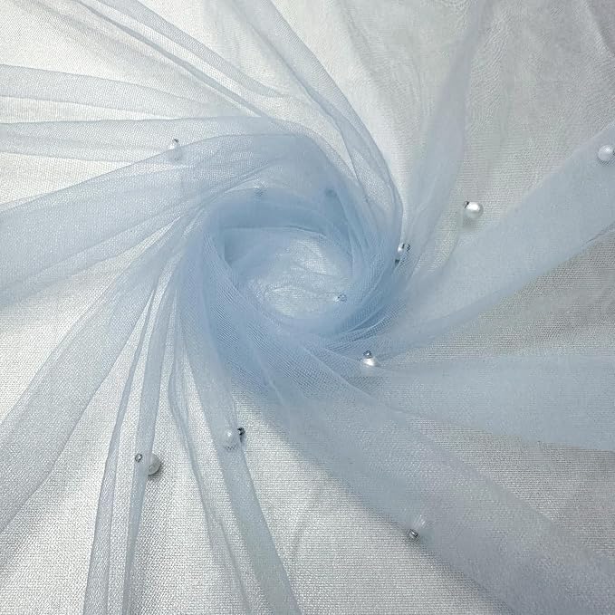 Pearl Blue Gauze Pearl Table Runner 120 Inch 10FT, Seasonal Sheer Dining Holiday Wedding Birthday Baby Shower Tulle Summer Table Decor for Home Party