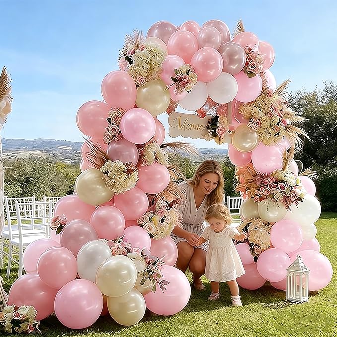 Pearl Pink White Balloon Arch, Double Stuffed Light Pastel Pink Cream White Sand Balloon Garland Kit for Baby Shower Birthday Bridal Wedding Mother's Day Party Decorations