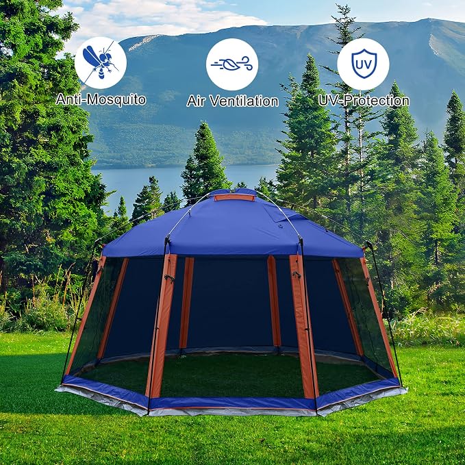 CAMPROS CP Screen House Room with 1 Pc Removal Wind/Sun Panel Canopy Tent Camping Tent Screen Shelter Gazebos for Patios Outdoor Camping Activities, 13'X13'X88in(H) - Blue