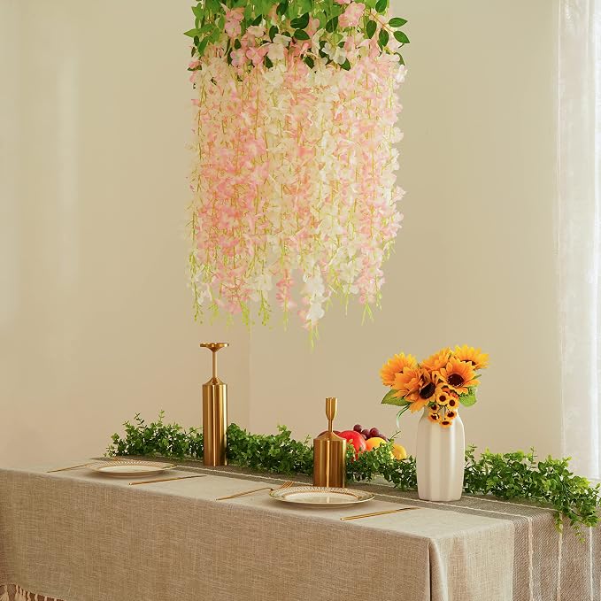 BLEUM CADE 36Pcs White & Pink Fake Wisteria Hanging Flowers, 3.6Ft/Pcs Artificial Wisteria Garland, Hanging Flowers for Wedding Party Home Backdrop Wall Decoration