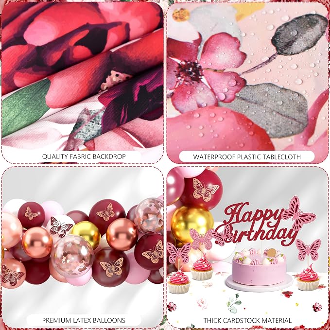 Burgundy Birthday Decorations for Women Girls, 144PCS Red and Rose Gold Party Supplies with Happy Birthday Banner & Backdrop, Tablecloth, 3D Butterfly Stickers, Balloon Arch Kit for Birthday Decor