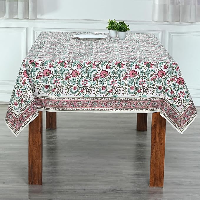 Ridhi Tulip Pink Hand Block Print Cotton Rectangle Tablecloth 90" x 60" inches Reusable Table Cover Decorative Everyday Use for Dining Room, Farmhouse, Home Gift for Spring, Mother's Day