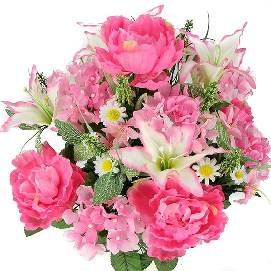 Admired By Nature 24 Stem Artificial Flowers Rose Carnation Mixed Bush Spring Faux Flower Arrangement for Outdoor & Indoor Wedding Home Decoration, Cemetery Decorations For Grave, Pink