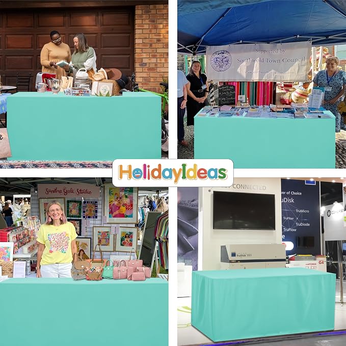 HolidayIdeas 4-Pack 6ft Aqua Rectangle Craft Shows Fitted Tablecloth | Wrinkle resistant table covers; bulk quantity pack for professional trade exhibition displays or vendor booths