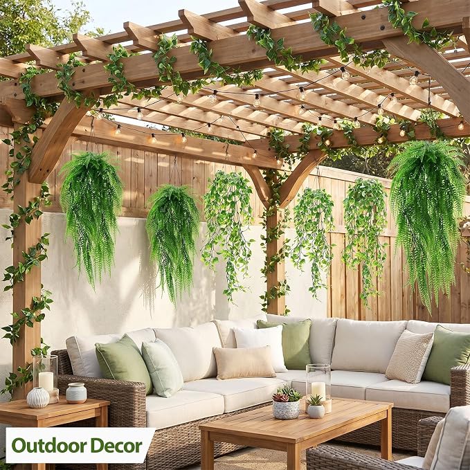 Daifunli 12 Pcs Artificial Hanging Plants Fake Hanging Ferns Plastic Fake Plant for Wall Room Garden Garland Indoor Outdoor Decor No Basket (Ivy,Boston Ferns)
