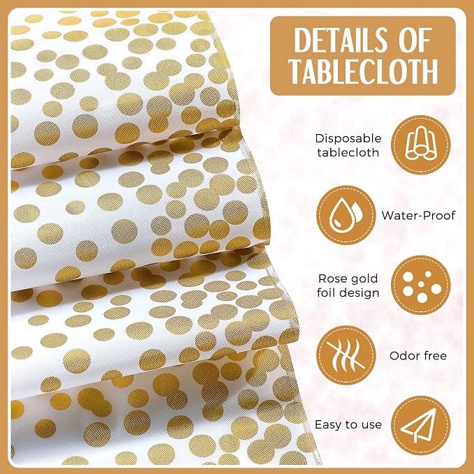 Breling 8 Pack White and Gold Disposable Plastic Tablecloths and Satin Table Runner Set, 54 x 108 Inch Tablecloth, 12 x 108 Inch Table Runners for Wedding First Communion Baby Shower Graduation