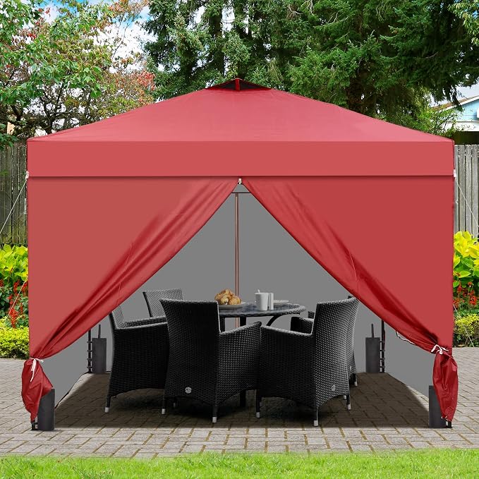 GDY 10x10 Pop Up Canopy Tent with 4 Sidewalls, Easy Set up, Outdoor Silver Coated Beach Gazebos, Carpas with 4 Sandbags, for Pool, Events, Parties, and Camping, Red.