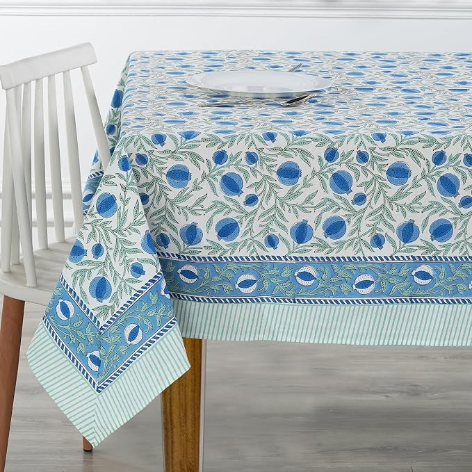 Ridhi Queen Blue Hand Block Print Cotton Rectangle Tablecloth 90" x 60" inches Reusable Table Cover Decorative Everyday Use for Dining Room, Farmhouse, Home Gift for Spring, Mother's Day