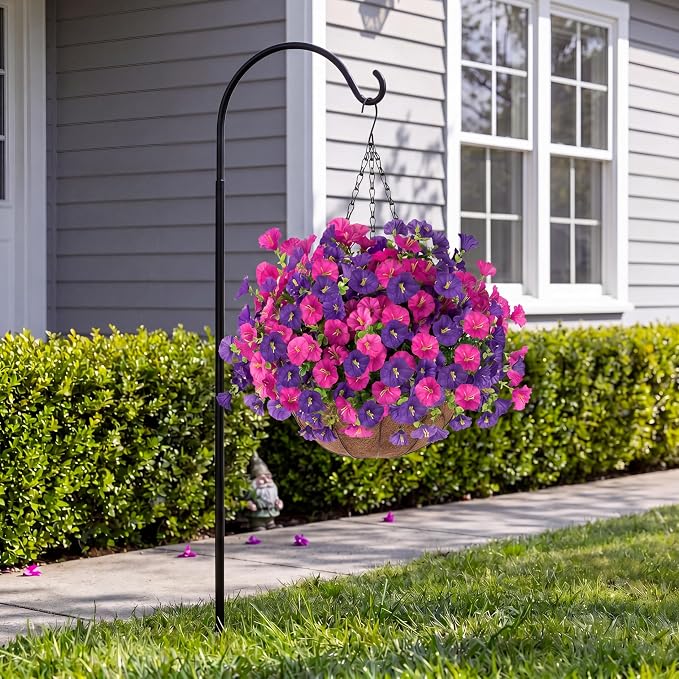 Artificial Flowers for Outdoors with Baskets Hanging Plant Faux Flowers UV Resistant Fake Silk Morning Glory with Eucalyptus for Planter Porch Garden Home Spring Summer Decoration(Fuchsia Purple)