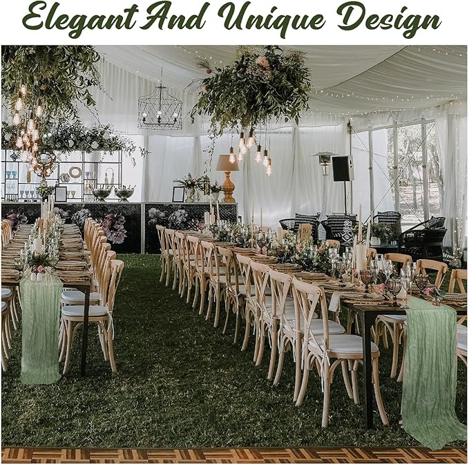 Foaincore 12 Pack Green Table Runner 10Ft Boho Gauze Cheesecloth Table Runner 120" Long Cheese Cloth Romantic for Wedding Bridal Baby Shower Arbor Decor