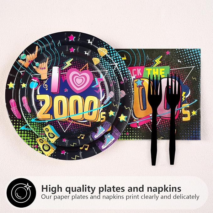96Pcs 2000s Party Decorations Y2K Early 2000s Theme Plates and Napkins Hip Hop Back to the 00s Disposable Paper Tableware Set for Adult Teens Retro 00s Birthday Party Supplies Serves 24