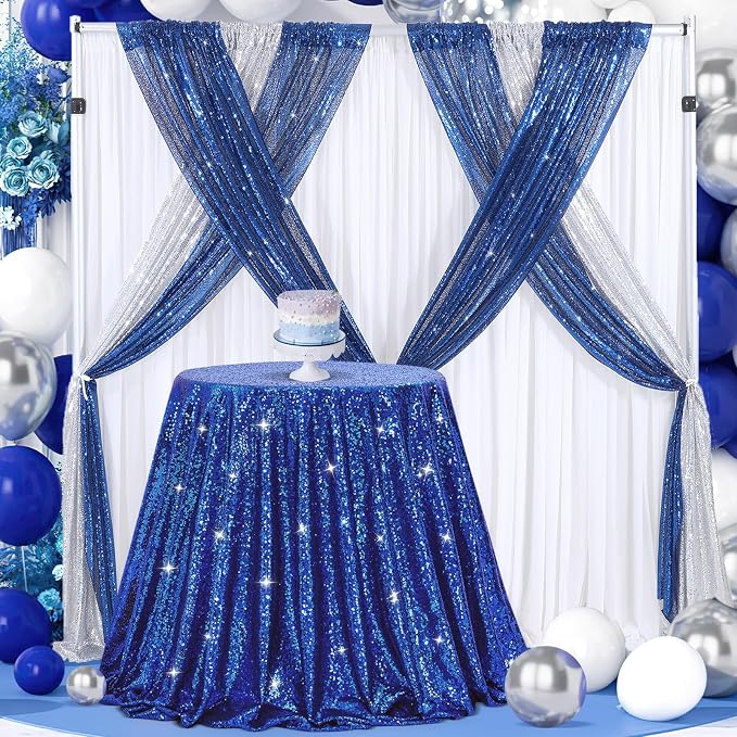 B-COOL Round Sequin Tablecloth Sparkle Party Decorations: 90 Inch Table Cloth Royal Blue Sequin Fabric Overlay for Indoor Outdoor Dining Parties Home