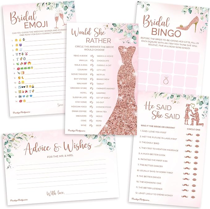 Prestige Bridal Shower Games (32 Guests) | 5 Wedding Games, Rose Gold Decorations Greenery Theme, Would She Rather, He Said Bingo, Rustic Advice Cards, Emoji Favors Prizes Decor (32 Set)