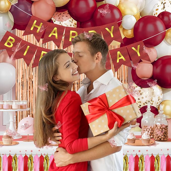 Burgundy Happy Birthday Decorations for Women,296pcs Burgundy Balloons Birthday Decorations for Girl Kit Disposable Dinnerware Set with 25 Guest, Balloons, Banner, Fringe Curtain,Butterfly Decorations