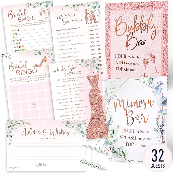 PRESTIGE Bridal Shower Games (32 Guests) + Mimosa Bar Supplies | 5 Games, Boho Bridal Shower Decorations Rose Gold, Greenery Theme Bridal Shower Favors Decor Kit, Bubbly Wedding Brunch Prizes (32 Set)