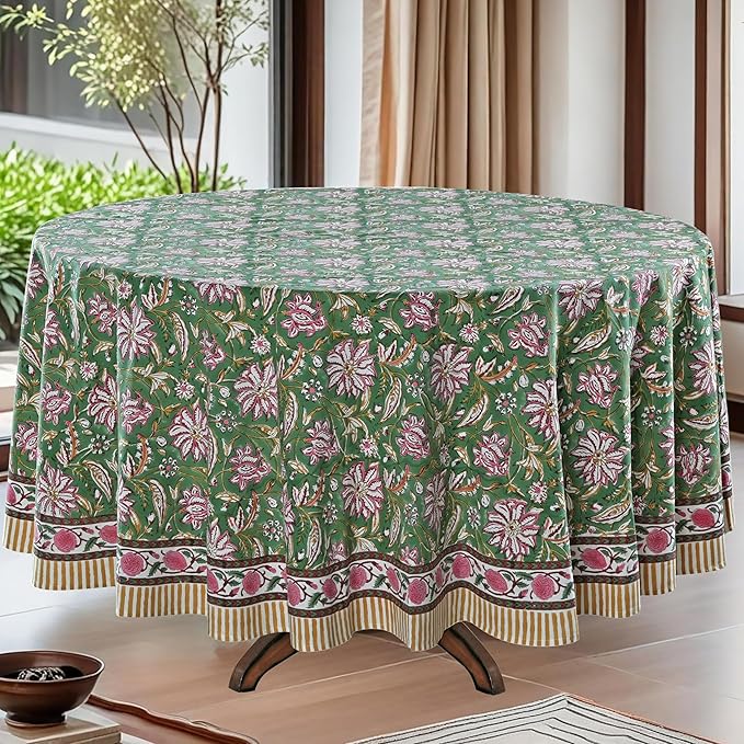 Ridhi Round Tablecloth Hand Block Print 100% Cotton Reusable Hunter Green 60 Inch Table Cover Decorative Everyday Use for Dining, Home, Party, Wedding, Farmhouse, Party Gift for Spring, Mother's Day