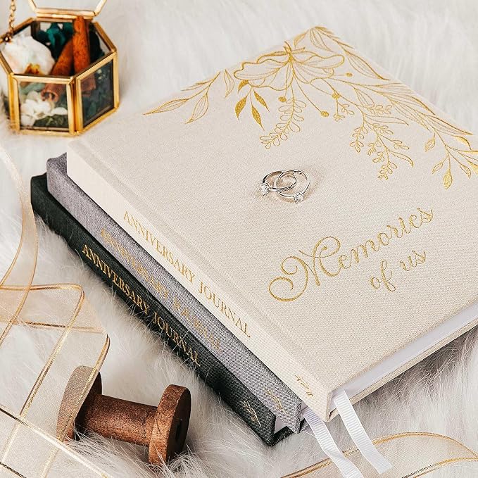 Lanpn Wedding Anniversary Journal Book Memories of Us, Linen Dating to 70th Wedding Scrapbook Notebook Memory Book, Newlywed Marriage Couple Anniversary Journal Bridal Shower Gifts (Beige, 190 Pages)