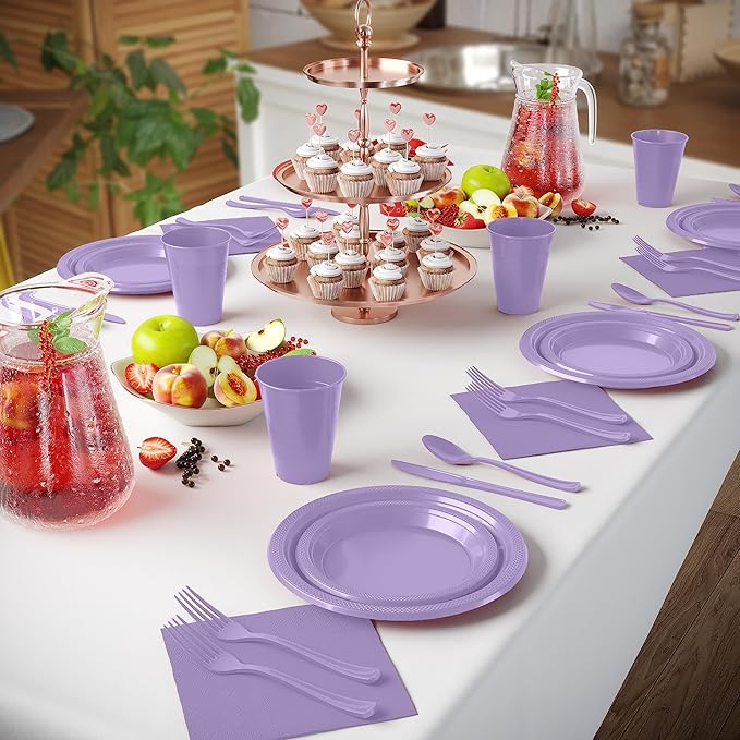 350 Pcs Lavender Plastic Plates For Party, Lavender Disposable Plates Set, 50 Of Each 9" Dinner Plate Set, 7" Dessert Plate, Cups, Napkins & Cutlery Plastic Dinnerware Set Exquisite