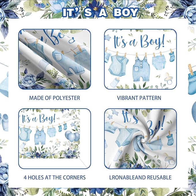 Blue Baby Boy Shower Decorations with 4pcs Balloon Boxes, 70pcs Balloon Garland Arch Kit, "It's a Boy" Backdrop, Tablecloth, Cake Toppers - Watercolor Clothesline Theme Party Supplies