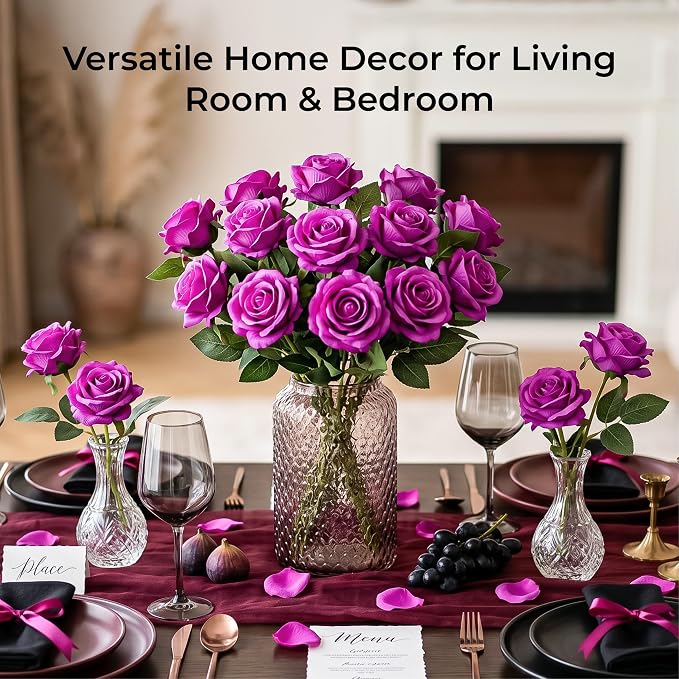 Auihiay 60PCS Artificial Roses, Magenta Roses, Velvet Silk Roses, Realistic Artificial Flowers for Valentine's Day Gift, Wedding Centerpieces & Romantic Home Floral Decor